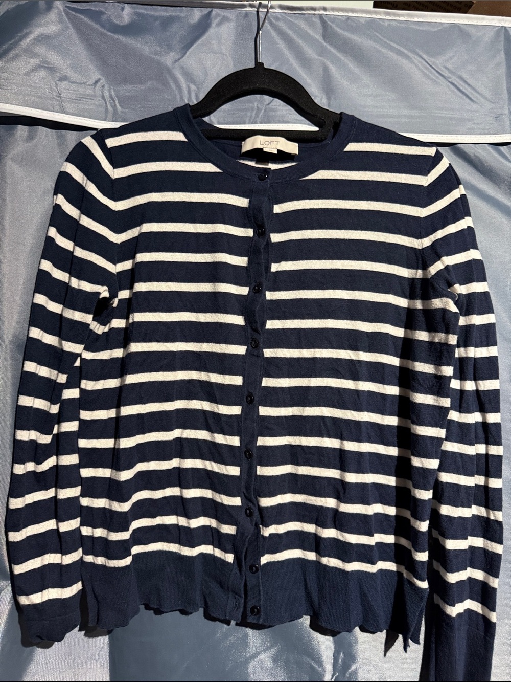 LOFT Navy and White Striped Button-Up Cardigan